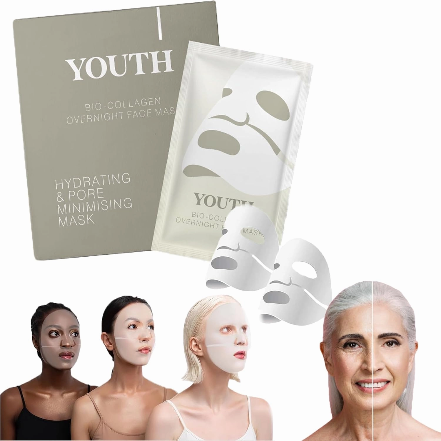 Youth Bio-Collagen Overnight Face Mask - Youth Overnight Face Mask, Youth Skin Hydrogel Collagen Mask, Korean Glass Skin Youth Masks Skincare, Wake up to Flawless, Glass-Like Skin (8Pcs)