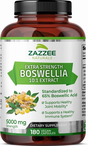 Zazzee Extra Strength Boswellia Serrata 10:1 Extract, 5000 mg Strength, 65% Boswellic Acid, 180 Vegan Capsules, 6 Month Supply, Standardized 10X High Potency, 100% Vegetarian, All-Natural, Non-GMO