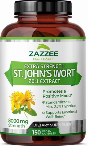 Zazzee Extra Strength St. John’s Wort 20:1 Extract, 8000 mg Strength, 0.3% Hypericin, 150 Vegan Capsules, 5 Month Supply, Concentrated, Standardized 20X Extract, 100% Vegetarian, Non-GMO, All-Natural
