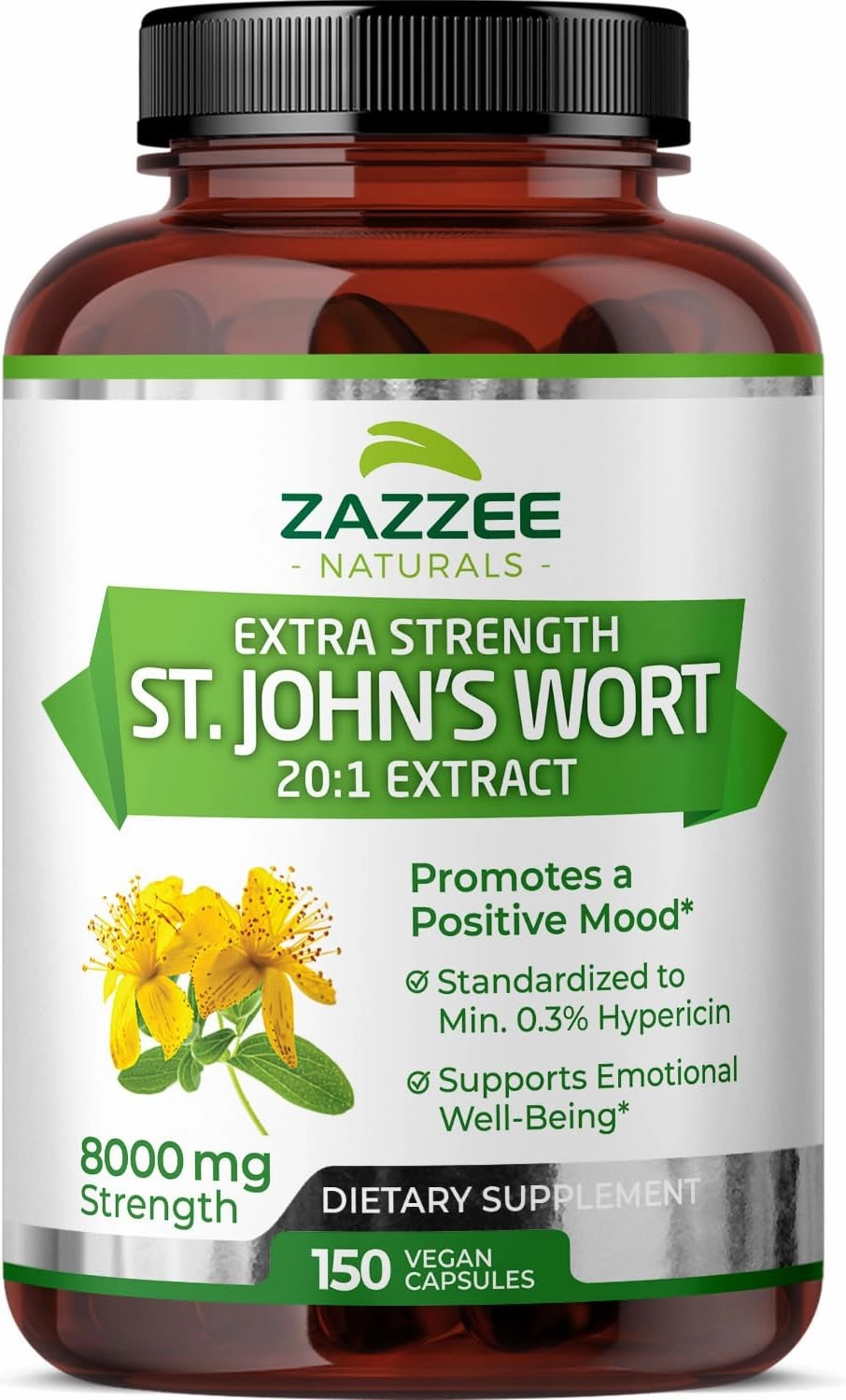 Zazzee Extra Strength St. John’s Wort 20:1 Extract, 8000 mg Strength, 0.3% Hypericin, 150 Vegan Capsules, 5 Month Supply, Concentrated, Standardized 20X Extract, 100% Vegetarian, Non-GMO, All-Natural