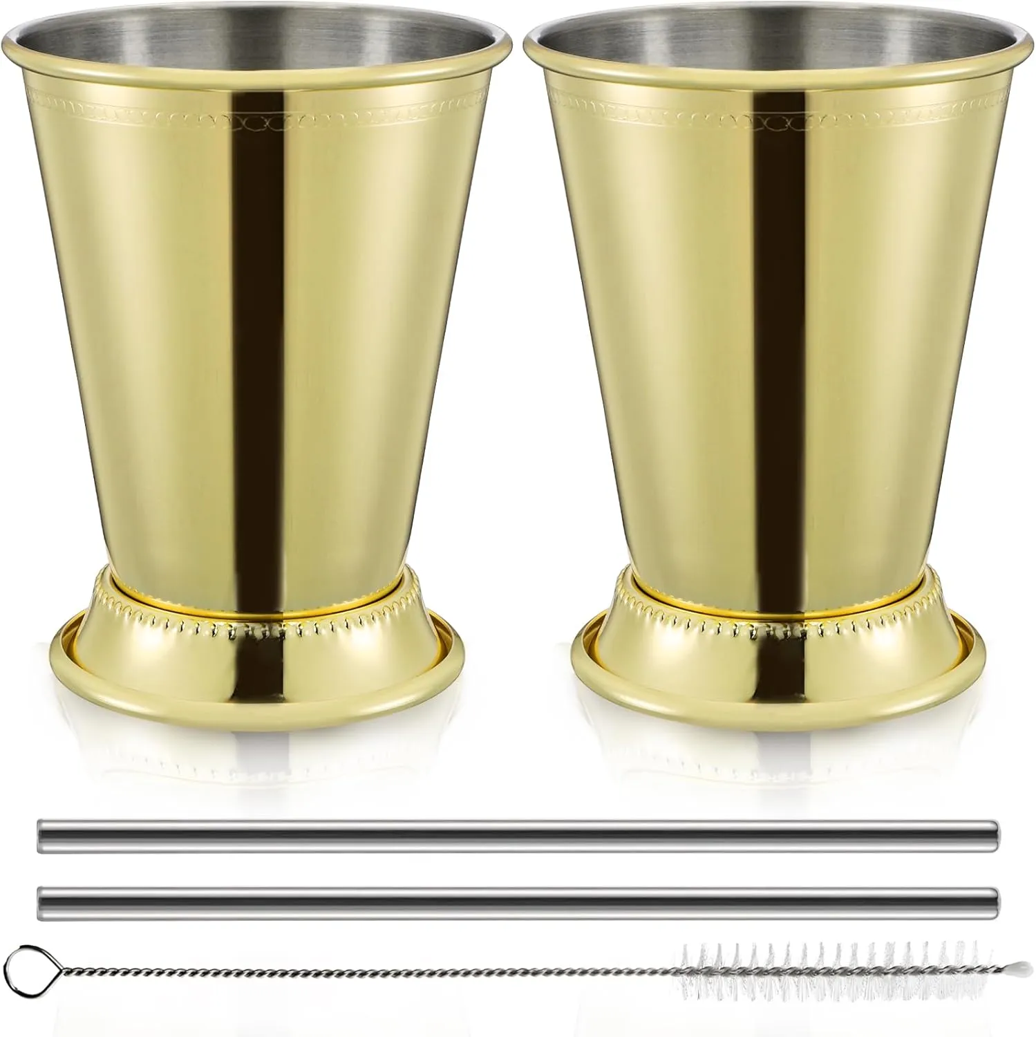ZEAYEA Set of 2 Gold Mint Julep Cups, 12 oz Stainless Steel Glasses with Straws for Party Bar Home Restaurant, Classic Metal Cocktail Glasses for Beer Juice Beverage