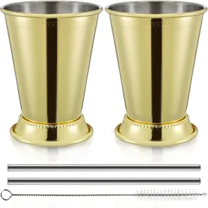 ZEAYEA Set of 2 Gold Mint Julep Cups, 12 oz Stainless Steel Glasses with Straws for Party Bar Home Restaurant, Classic Metal Cocktail Glasses for Beer Juice Beverage