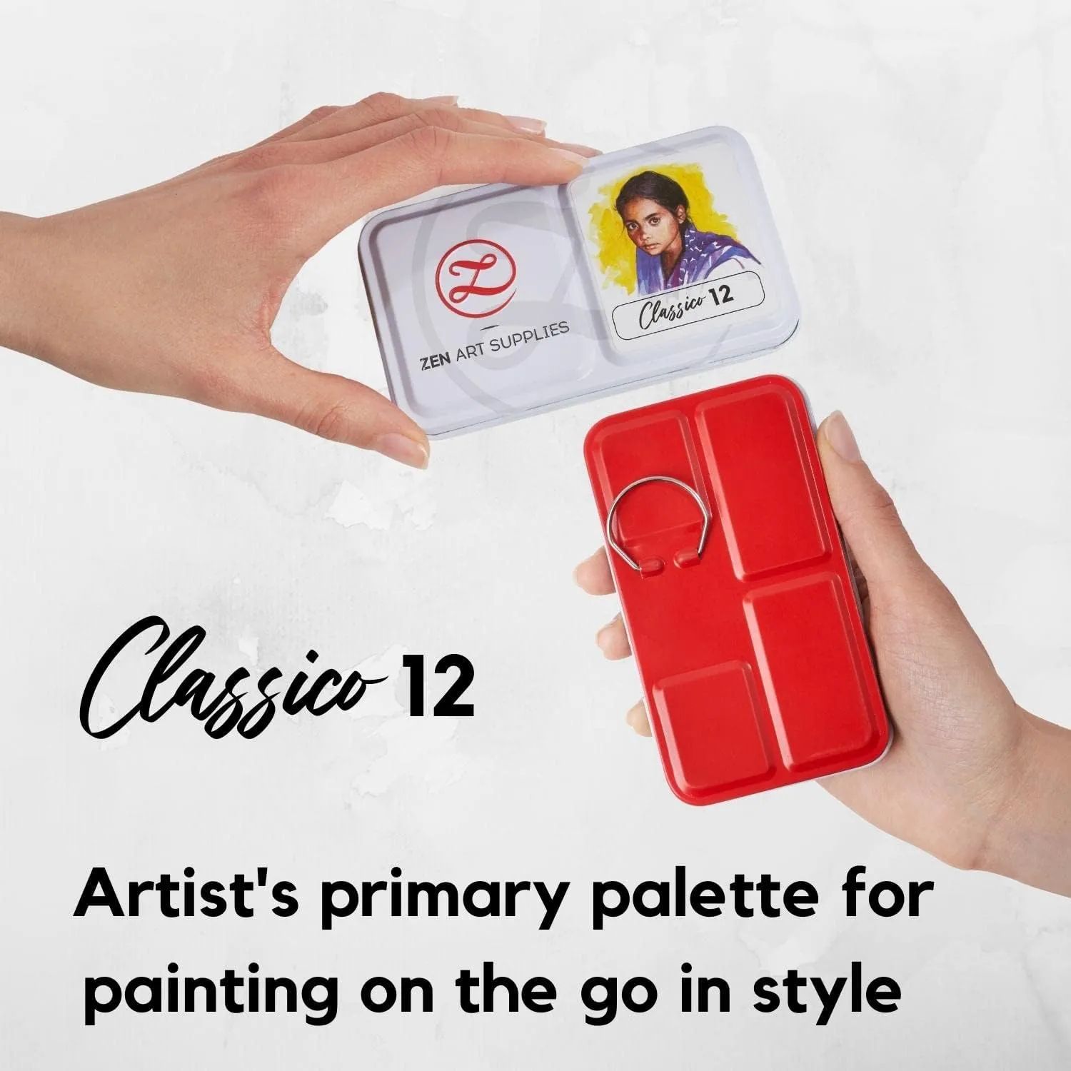 ZenART Professional Watercolour Paint - Non-Toxic 12 Half-Pan Set in Metal Tin Palette - Portable Travel Watercolour Set for Adults - Vibrant Essential Primary Water Colors