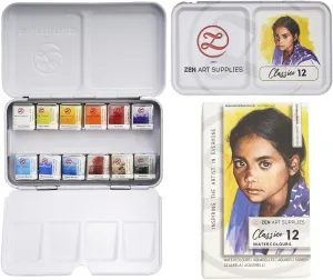 ZenART Professional Watercolour Paint - Non-Toxic 12 Half-Pan Set in Metal Tin Palette - Portable Travel Watercolour Set for Adults - Vibrant Essential Primary Water Colors
