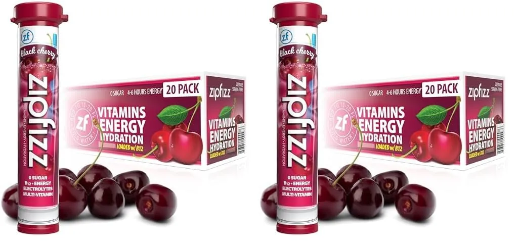 Zipfizz Energy Drink Mix, Electrolyte Hydration Powder with B12 and Multi Vitamin, Black Cherry, 20 Count (Pack of 2)
