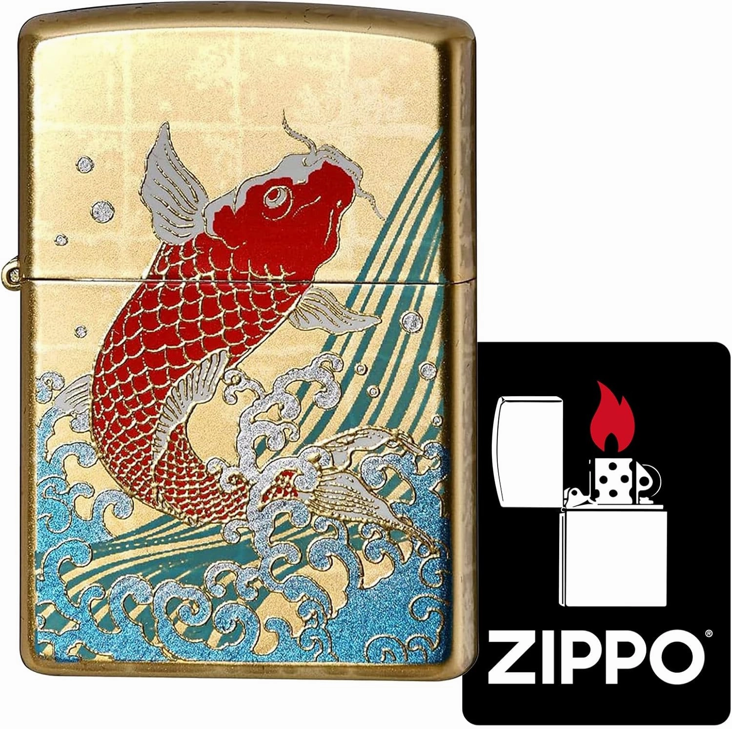 Zippo 2LAG-CARP Lighter, Windproof, Brass, Real Gold Maki-e, Carp, Japanese Pattern, Includes Special Stickers, Gold