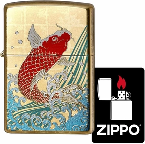 Zippo 2LAG-CARP Lighter, Windproof, Brass, Real Gold Maki-e, Carp, Japanese Pattern, Includes Special Stickers, Gold